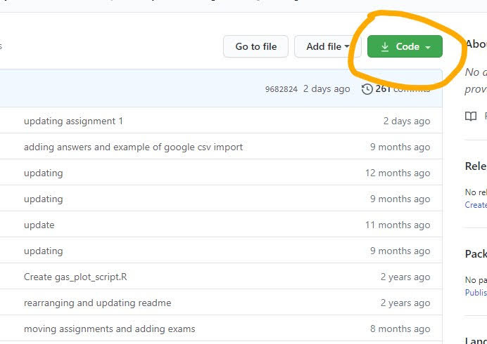 Image of github repository screen. Yellow circle around green Code button in upper right corner.